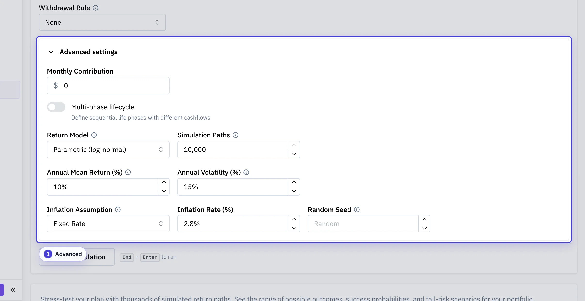 Monte Carlo advanced settings showing return model, seed, inflation, and source-portfolio controls