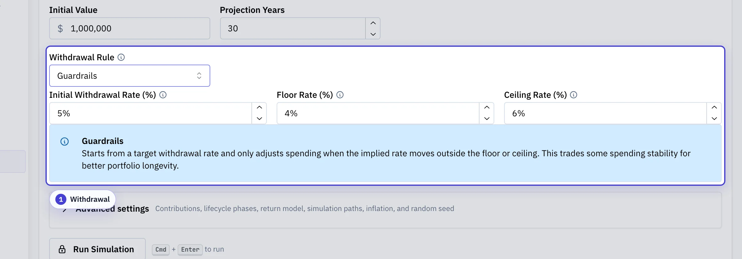 Monte Carlo withdrawal section showing the spending-rule selector and rule-specific parameters