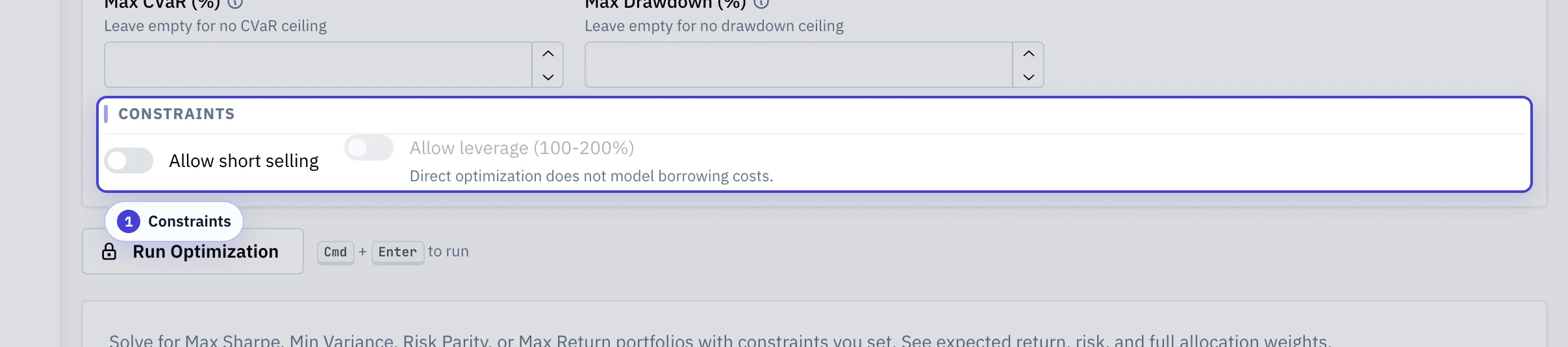 Portfolio Optimizer constraints panel with leverage, shorting, and per-asset bounds visible