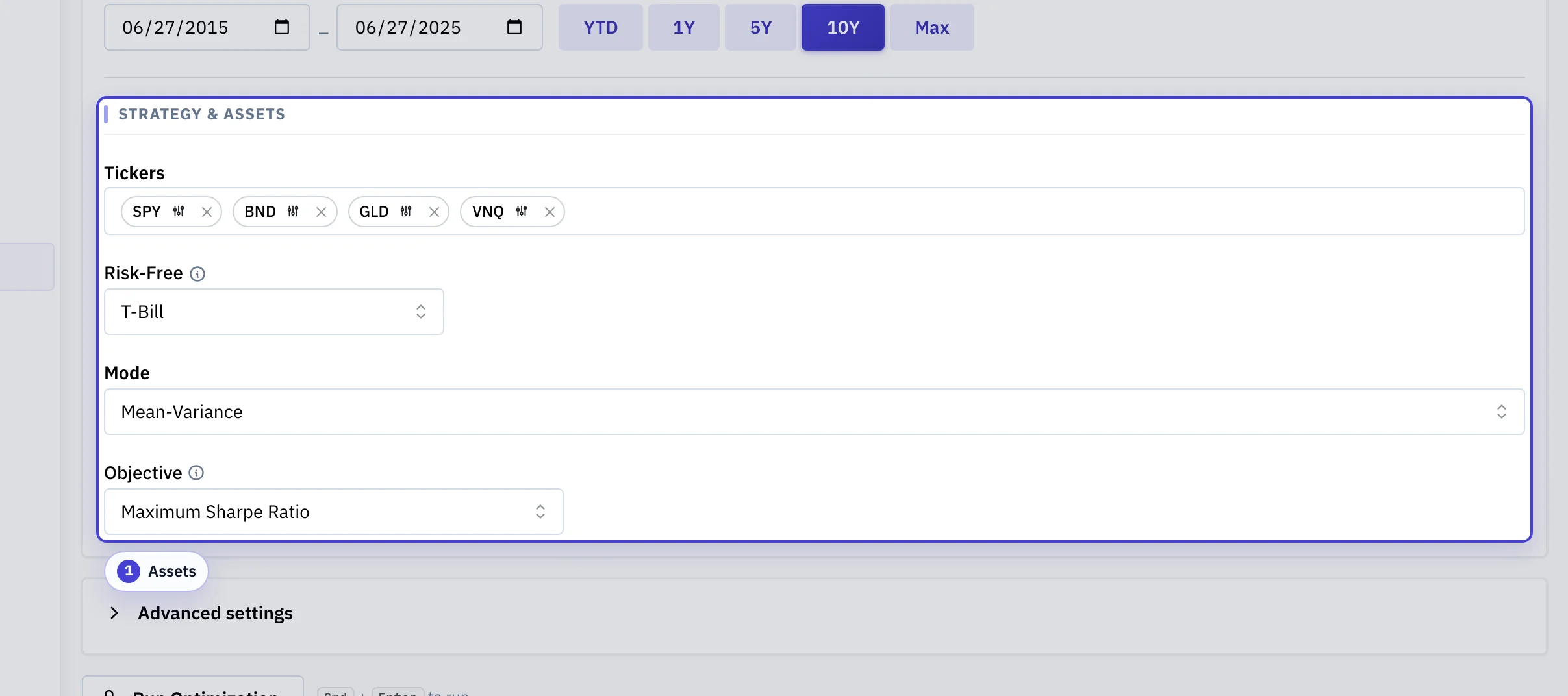 Portfolio Optimizer Strategy and Assets section showing the asset list, risk-free source, mode, and objective controls