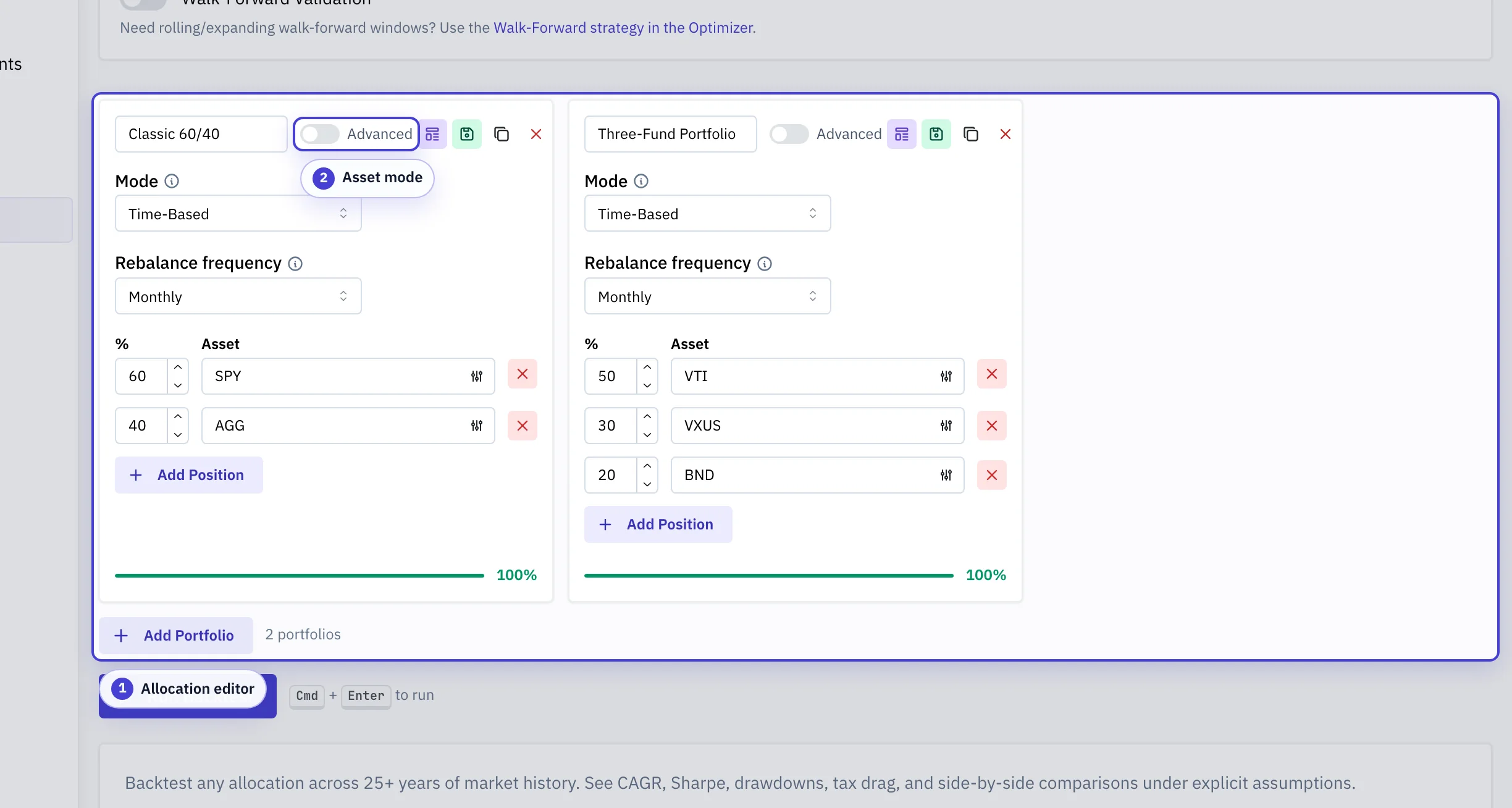 Portfolio Backtest allocation editor with weight controls and asset-mode toggle highlighted
