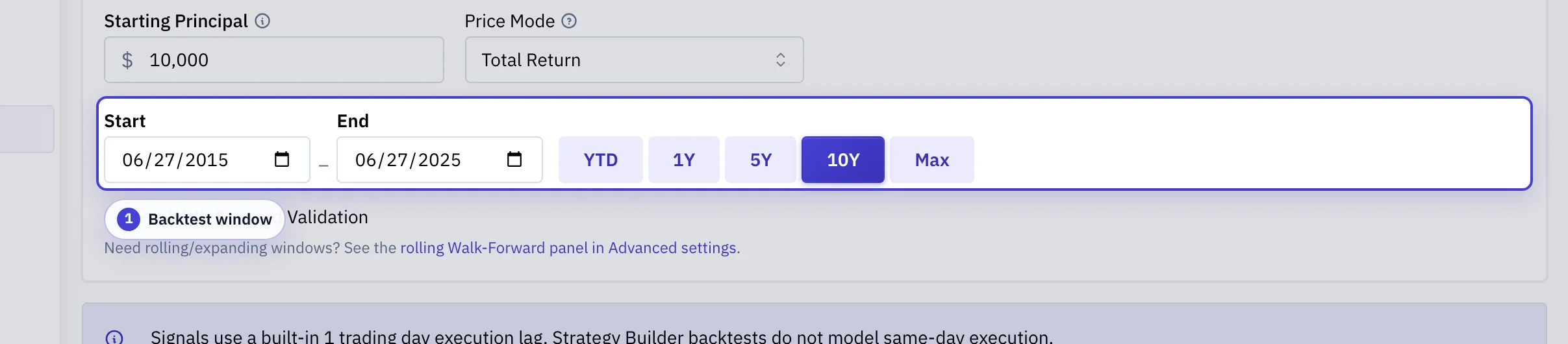 Strategy Builder date-range row with start and end pickers highlighted