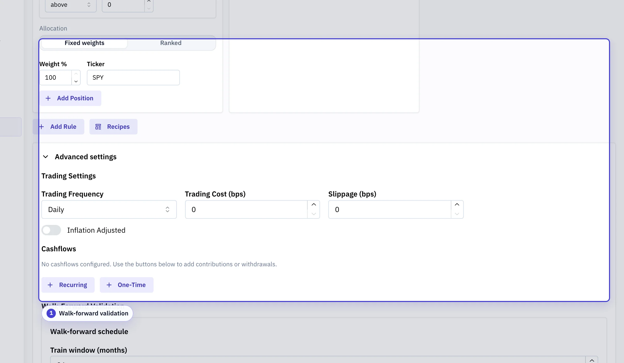 Strategy Builder walk-forward validation fields including train, test, and step size