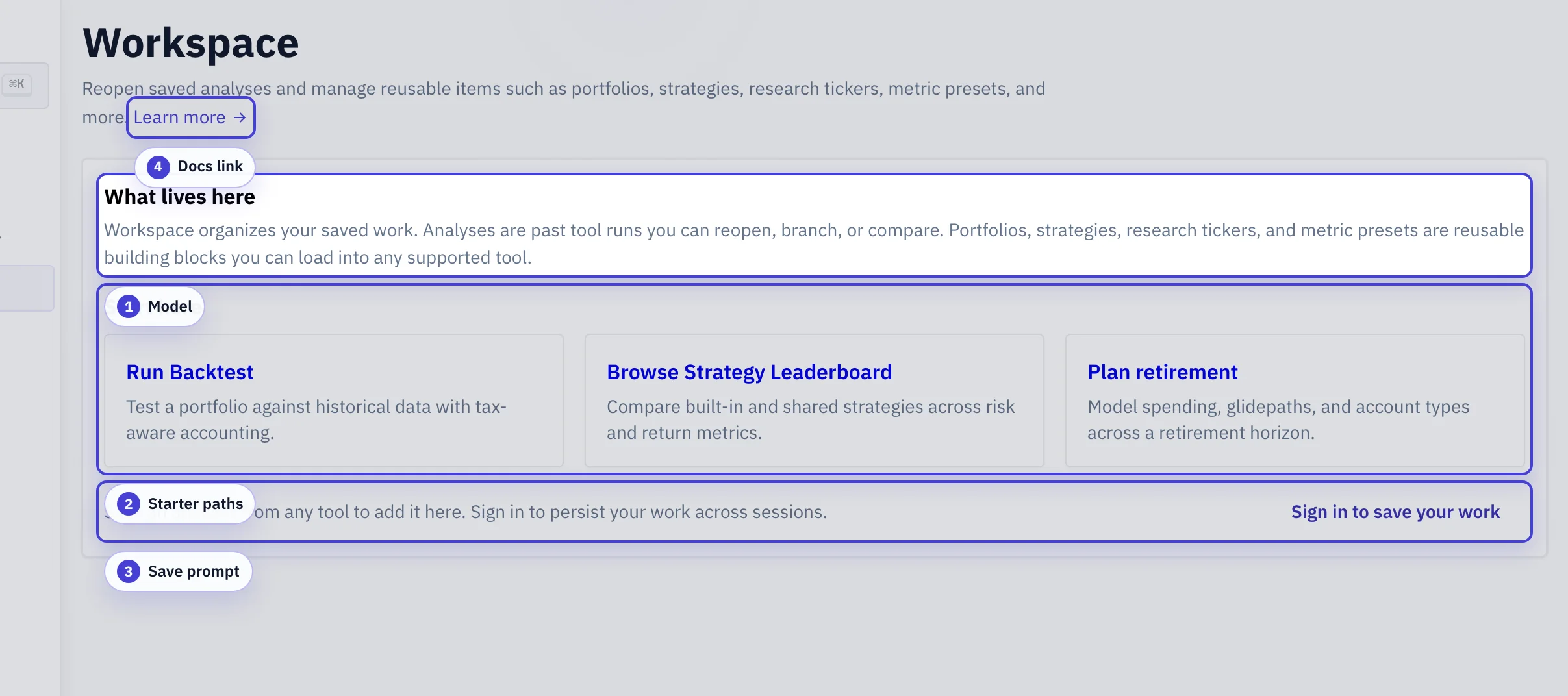 Workspace overview with Analyses and Library sections, search field, and starter-path cards